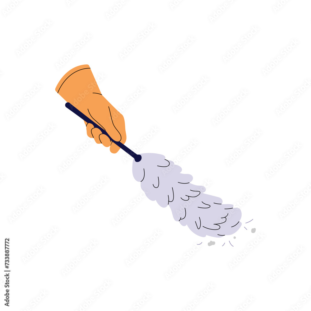 Wall mural Feather duster in hand. Dust cleaner, brush, broom to wipe dirt, cleaning home. Sweeping supplies. Housework tools, housekeeping equipment. Flat isolated vector illustration on white background