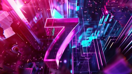 "7" in a holographic font against a futuristic, abstract background, projecting innovation and imagination. 