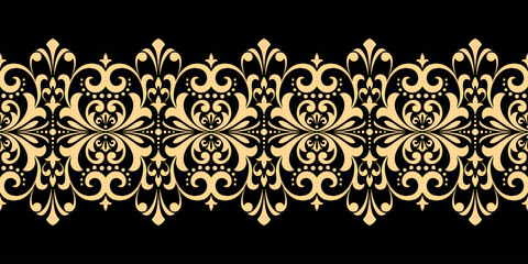 Wallpaper in the style of Baroque. Seamless vector background. Gold and black floral ornament. Graphic pattern for fabric, wallpaper, packaging. Ornate Damask flower ornament