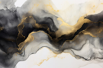 Abstract Gold Oil Painting with High Textured Black and White Marble Background