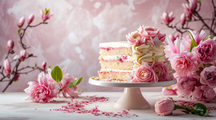 Obraz na płótnie Canvas White Cake With Pink Flowers on a Table