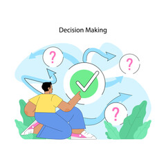 Decision making concept. Contemplative person navigating choices symbolized by arrows and question marks. Journey to right decision. Different methods to choose correct option. Flat vector