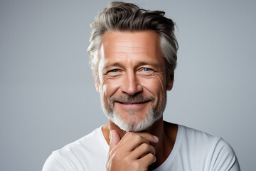 portrait of middle aged man's face with perfect skin. Advertising of cosmetology, skincare concept