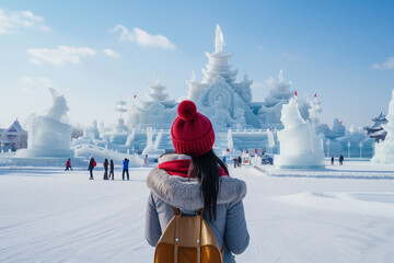 Back view of young traveler woman enjoying beautiful Ice and Snow Sculpture Festival