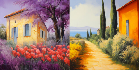 Watercolor paintings of beautiful European countryside. Landscape painting with buildings, houses,...