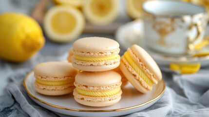 Fototapeta premium White Plate With Yellow Macaroons and Cup of Tea