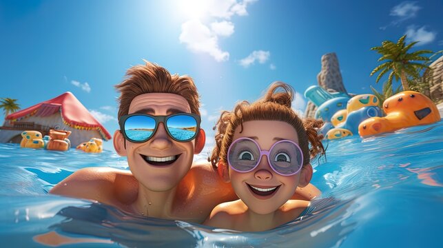 Happy and beautiful family, dad and child girl, enjoying a refreshing swim in a hotel pool during a relaxing vacation. Father and daughters