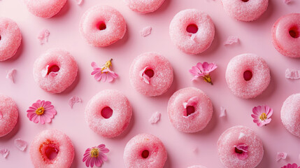 Group of Pink Donuts on Table