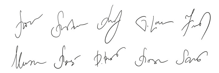 A set of fake personal signatures. Hand writing, black ink. Vector - obrazy, fototapety, plakaty