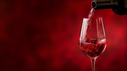 A bottle of wine being poured into a wine glass on a red background
