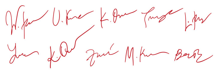 A collection of fake autographs. Hand writing, red ink. Vector - obrazy, fototapety, plakaty