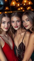 Beautiful young girls in revealing dresses posing for a photo on a night out.