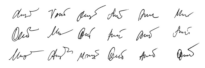 A set of different fake autographs. Hand writing, black ink. Vector - obrazy, fototapety, plakaty