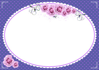 Karta z owalnym miejscem na tekst, życzenia, z dekoracyjnymi różowymi różami i deseniem z małych różowych serc - obrazy, fototapety, plakaty
