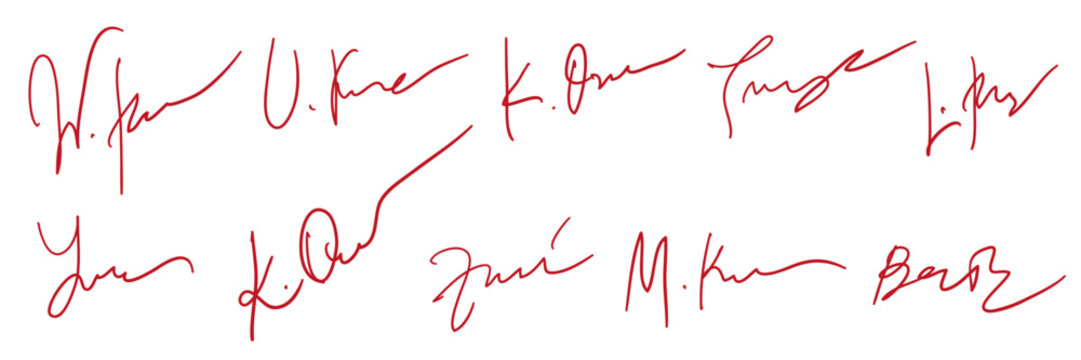 A collection of fake autographs. Hand writing, red ink. Vector