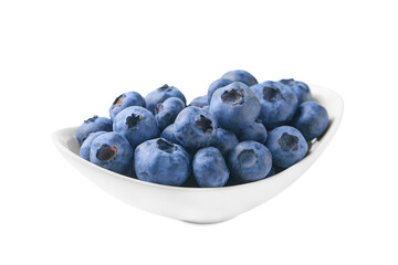 Fresh blueberries in white round bowl isolated on white, transparent background. Organic berries, healthy food, wild berries