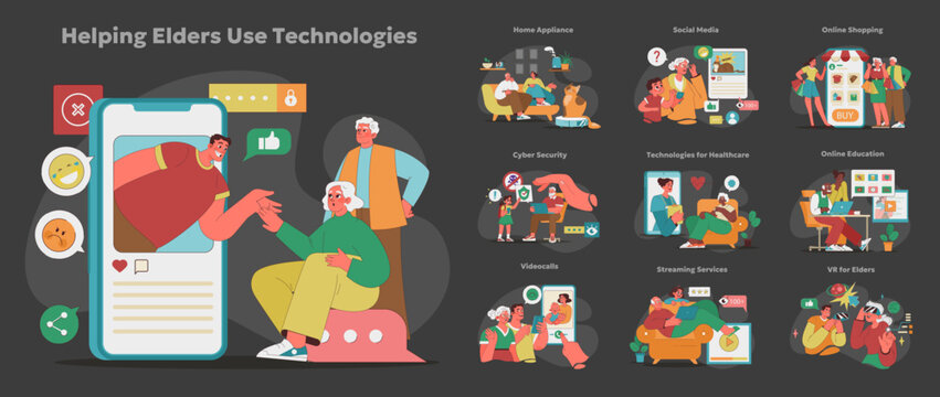 Tech savvy seniors concept. Male and female elderly learning and enjoying modern gadgets. Bridging digital divide for aging adults. Versatile technology application guidance. Vector illustration