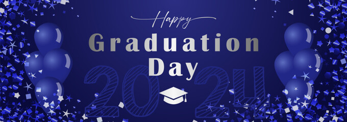 Happy Graduation Day decorative banner with 3D elements. Class of 2024 school wallpaper. Prom decoration. Holiday blue background with glittering frame. Invitation template. Greeting card concept. © koltukovs