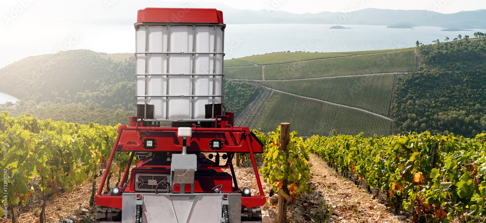 Aufkleber autonomous robot sprayer works in a vineyard. smart farming concept