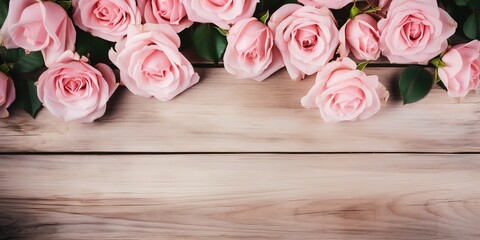 beautiful pink roses on brown wooden wall background