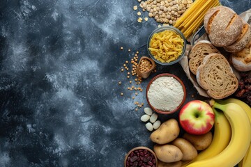 High angle view of various kinds of food rich in carbohydrates 