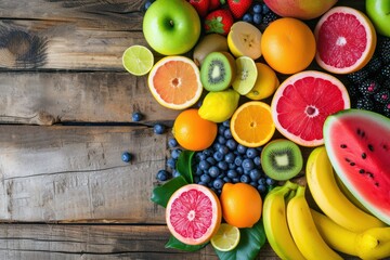 Juicy fruits: Top view of an assortment of various kinds of multicolored fresh juicy fruits
