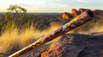 Aboriginal Didgeridoo at Sunset in Australian Outback