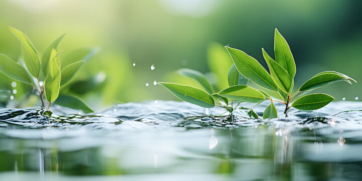 Green leaves and water drop with bokeh background, nature concept
