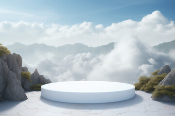 Product presentation on a white podium against a backdrop of a stone floor and a mountain range with a cloudy sky.
