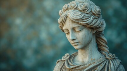 A contemplative Greek sculpture of a woman with rosette hair detailing on a green background
