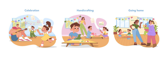 Obraz premium Kindergarten celebration set. Music and dance, craft making, and joyful farewells. Creative expression and happy goodbyes. Day end with smiles and accomplishments. Flat vector illustration