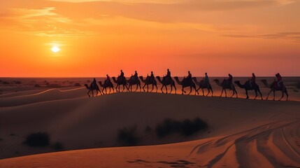 Fototapeta na wymiar Camel Caravan Silhouetted Against Desert Sunset