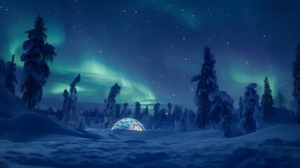 Aurora Borealis Over Snowy Forest and Igloo