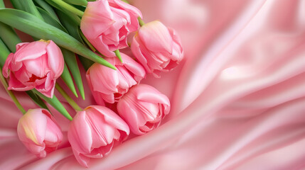 Obraz premium Pink Tulips Bouquet on Pink Satin