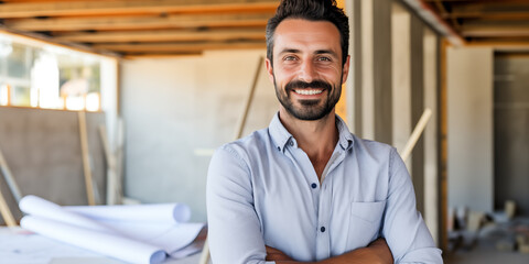 Bauzeichner steht auf Baustelle vor Plänen