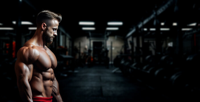 Banner of a muscular man in the gym with copy-space created with Generative AI technology