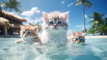 Cats swim in Water outdoor pool at Tropical hotel resort, leisure and luxury relaxation - obrazy, fototapety, plakaty