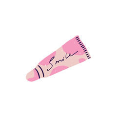 Pink lipstick. Tint lip balm. Cute tube of moisturizing cream. Care cosmetics. Organic beauty product for daily applying. Natural skincare tools. Flat isolated vector illustration on white background