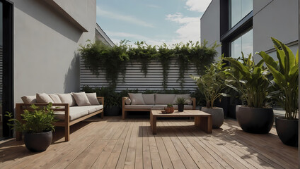 The uncluttered beauty of an empty outdoor terrace, featuring a minimalistic style enhanced by carefully chosen potted plants. - obrazy, fototapety, plakaty