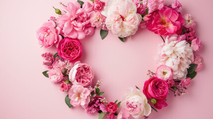 Heart-Shaped Flower Wreath on Pink Background
