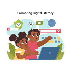 Digital literacy concept. Child learning to navigate internet under supervision, enhancing tech skills for digital age. Importance of discovering gadgets and electronic tools. Flat vector illustration