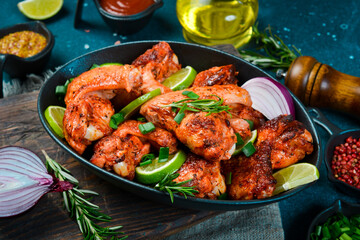 A plate of baked chicken wings served with rosemary and garlic. Side view.