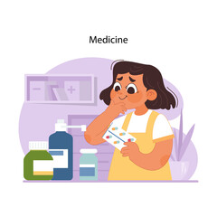 Medication safety for kids. Young girl discovering first aid kit at home, contemplates medication, portraying the critical importance of securing medicines away from children. Flat vector illustration