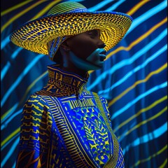 A model poses in an minimalistic ukrainian dress with a bright yellow and neon blue hat.