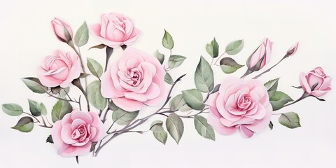 watercolor pink roses on white background