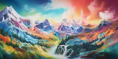 Paintings of beautiful colorful mountains and landscapes