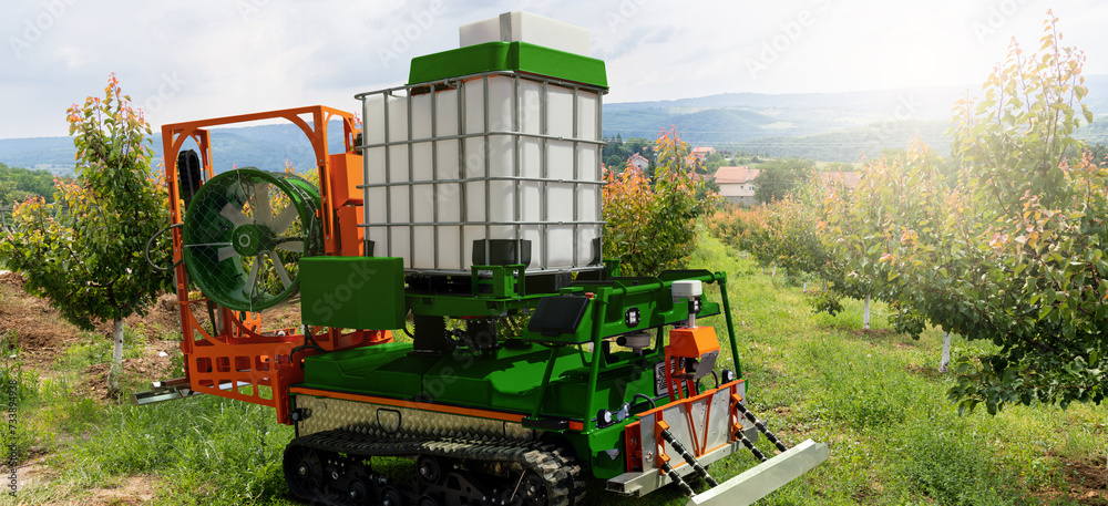 Poster autonomous robot sprayer works in a fruit garden. smart farming concept