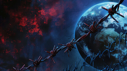 Illustration of a view of the globe from space, wrapped in barbed wire, dark blue background. Space illustration.