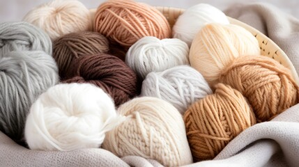 Craft knitting hobby background with yarn in natural colors. Recomforting hobby to reduce stress for cold fall and winter weather.