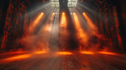Stage lights, orange colors and light leaking in in an old place